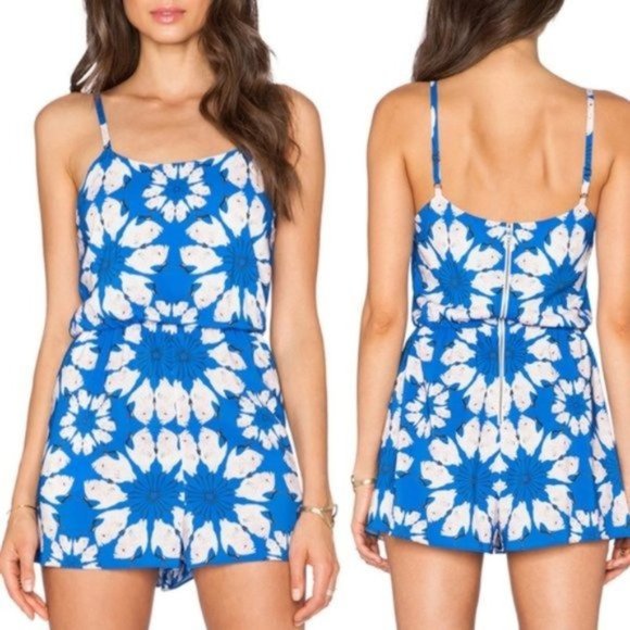 Alice + Olivia Pants - Alice + Olivia Blue Daisy Crane zip Flutter Romper